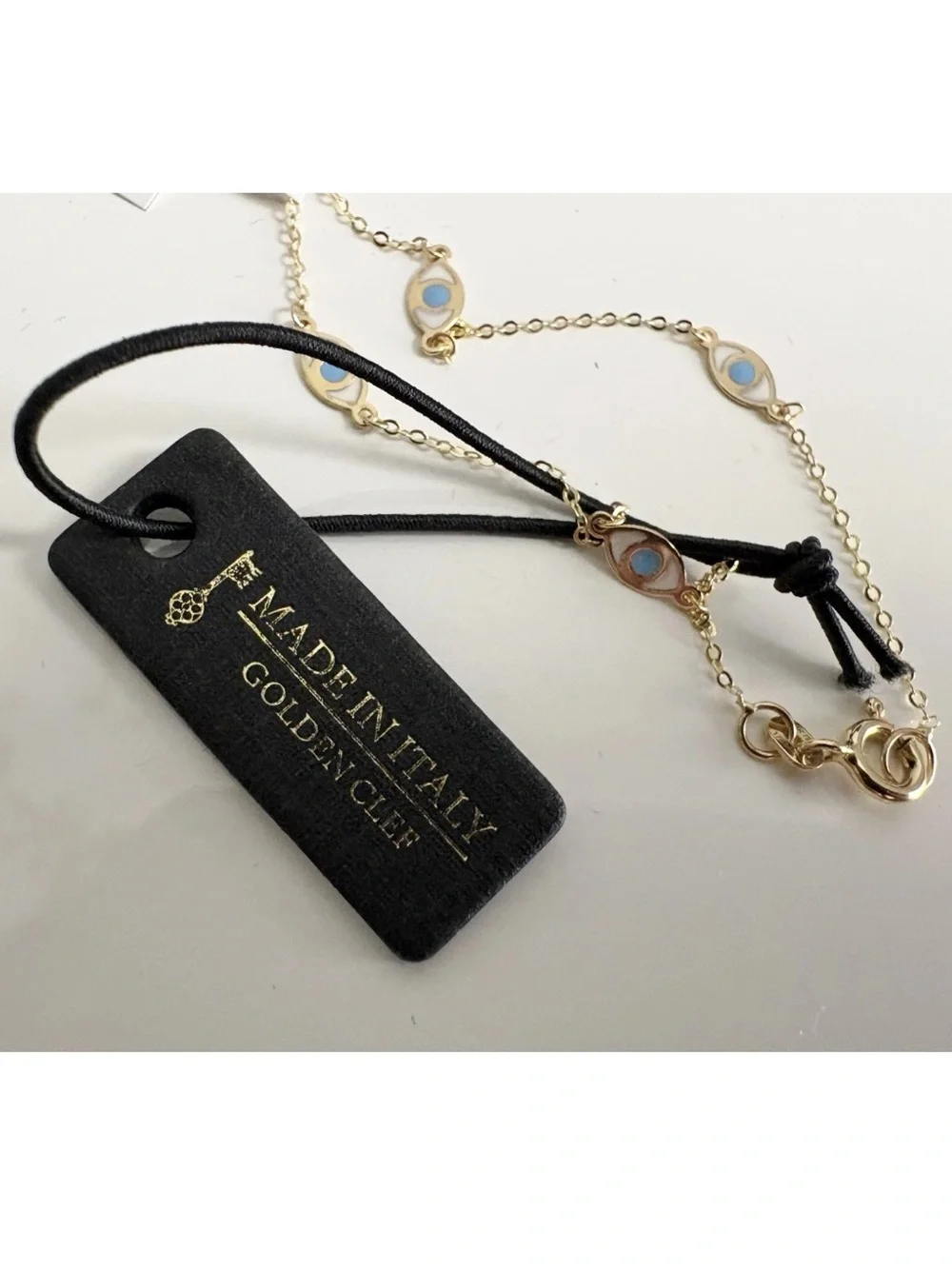 14K Yellow Gold Golden Clef Blue White Evil Eye Enamel Dainty Chain 585 Bracelet - Picture 1 of 7